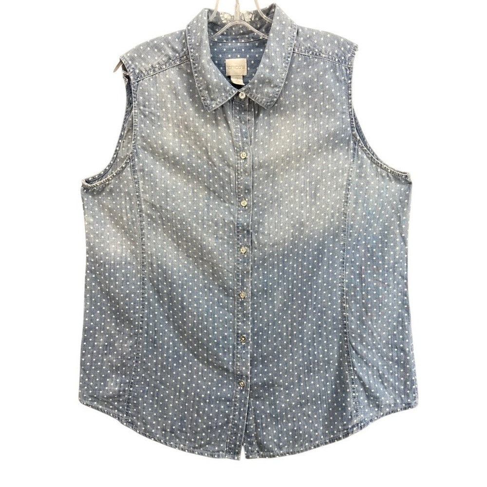 Chico's Shirt Sz 2 Large Blue Polka Dot Sleeveless Denim Button Down Cotton
